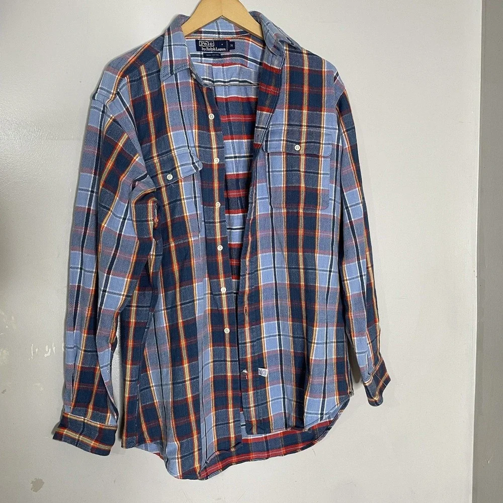 Polo Ralph Lauren 100% Cotton Flannel Shirt Mens M Blue Plaid Vintage‎ 90s Flap